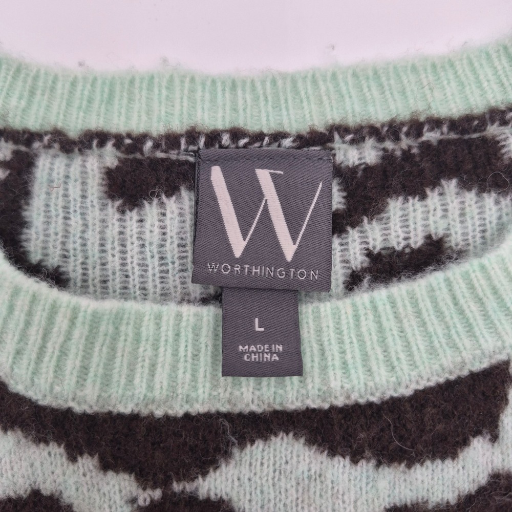 Worthington Womens Mint Green Brown Leopard Print Short Sleeve Sweater Large - Picture 5 of 6